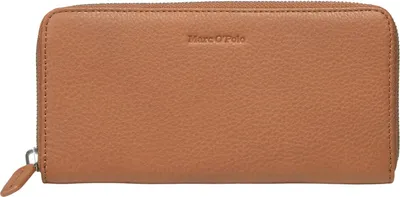 A brown leather wallet with a zipper closure.