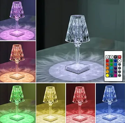 A collage of images showing a crystal table lamp in various colors, along with a remote control.