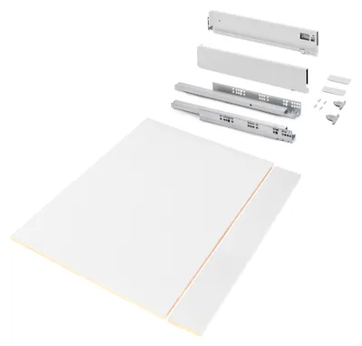 Imagen del producto de Kit de cajón para cocina o baño Vertex, de 93 mm de altura, con paneles incluidos, pintado de blanco, marca Emuca
