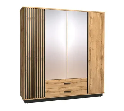 Produktbild von Garderobenschrank LARSSON II mit 2 Spiegeltüren, 2 Schubladen, Kleiderschrank mit Kleiderstange, Flurschrank, Lamellenoptik, Eiche Wotan/Schwarz