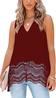 Image de ASKSA Chemise sans manches femme Débardeur Col V Mousseline Ourlet dentelle Loose Shirts Haut, Rouge vin, XXL