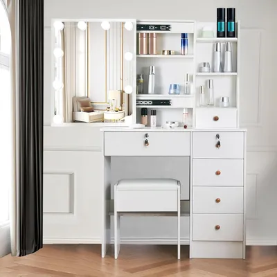 Immagine prodotto di Tavolo da trucco con illuminazione LED e specchio, tavolo cosmetico per il make-up, 3 colori, luminosità regolabile