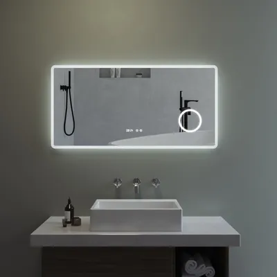 Produktbild von Badspiegel mit Beleuchtung LED Wandspiegel Lichtspiegel Badezimmerspiegel beleuchtet 120x60cm Kosmetikspiegel Digital Uhr Touch Sensor Dimmbar Spiegelheizung Kaltweiß 6400K BORAS-Serie Typ D