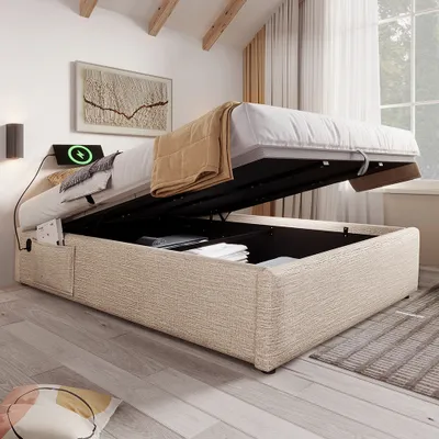 Produktbild von Sweiko Polsterbett Doppelbett 140×200 cm, Struraumbett Bettgestell mit USB- C und Vollflächiger Lattenrost, Ohne Kopfteil, Leinen, Natürlich,Ohne Matratze