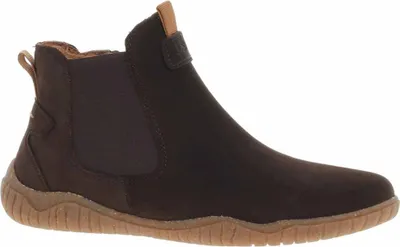 A side view of a single brown Chelsea boot.