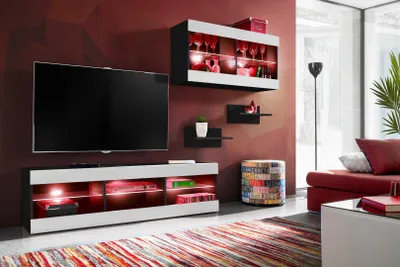 Obrázek produktu pro Nástěnná skříňka, Tivoli SET3, černá/bílá, šířka 240 cm x výška 159 cm x hloubka 35 cm, LED RGB, do obývacího pokoje, ložnice