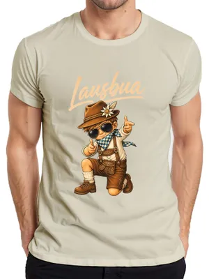 Immagine prodotto di T-shirt da uomo, stile tradizionale bavarese, con motivo "Lausbua", ideale per l'Oktoberfest, in pelle, con dettagli tipici della regione alpina, colore naturale, taglia 3XL