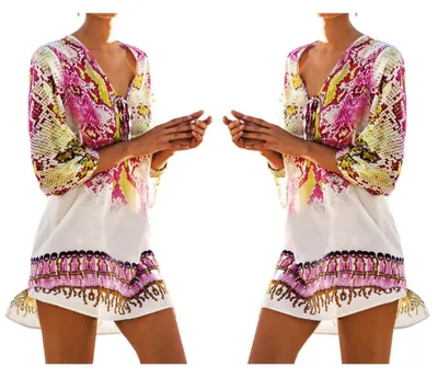 Produktbild von Strandtunika - Sommerkleid - Damenmode - Boho - Minikleid - Lockerer Überwurf - Pareo - Beige und Rot