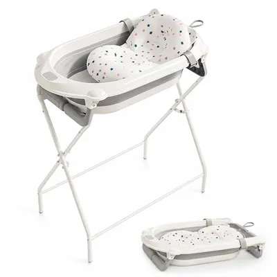 Produktbild von Faltbare Baby Badewanne mit Gestell, Babywanne mit Temperaturanzeige und Thermometer, sicherer Badesitz, BPA-frei für geborene und Kleinkinder