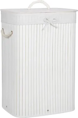A white laundry basket made of bamboo slats with a fabric lid and rope handles.