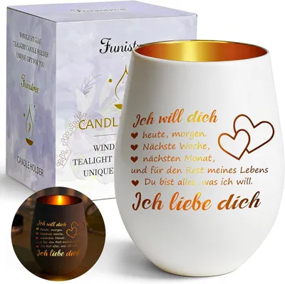 Productafbeelding van Theelichthouder voor Valentijnsdag, cadeau voor je vriendin, Valentijnsdagcadeau, windlicht met gravure "Ich liebe Dich", cadeau voor vrouwen