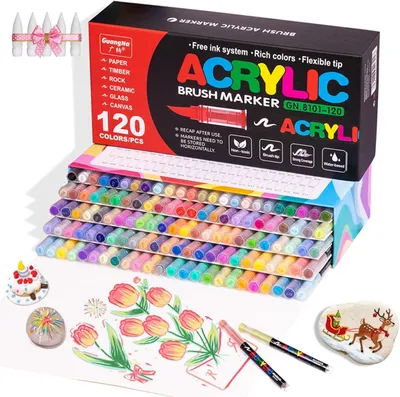 Produktbild von GuangNa 120 Farben Acrylmarker Set, Brush Tip Acrylstifte für Steine, Glas, Keramik, Leinwand, Wasserfest Schnelltrocknend