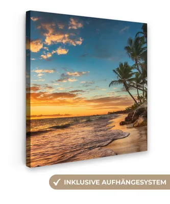 Produktbild von MuchoWow® - Leinwandbilder - Strand - Sonnenuntergang - Meer - Palme, Wandbild, Wanddeko Bilder Wohnzimmer, 90x90cm