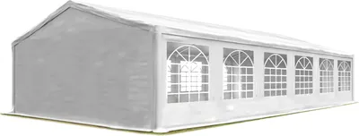 A white party tent with arched windows.