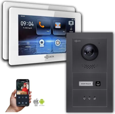 Produktbild von Goliath IP Video Türsprechanlage mit Kamera EFH Feedback : 2 Monitore : 7 Zoll Weiß : Anthrazit : Unterputzdose Monitor Anzahl: 2 Monitore Monitor Farbe: 7 Zoll Weiß Montage: Unterputzdose Türklingel Farbe: Anthrazit