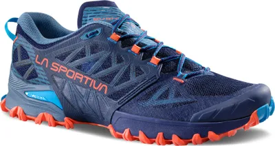 La Sportiva Bushido III Trailrunning-Schuh in Blau mit orangefarbenen Akzenten; Low Cut Design.