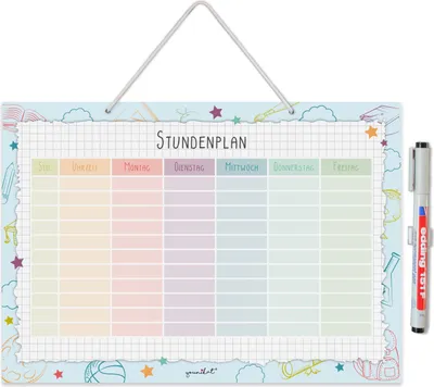 Produktbild von Stundenplan Bunt I abwischbar I DIN A4 I mit Aufhängung, Stifthalter und Stift I zum Schulanfang I für Mädchen und Jungs I neutral I wiederbeschreibbar I dv_976