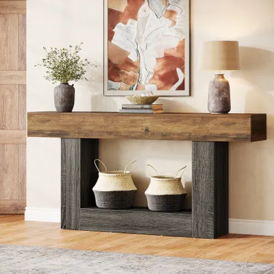 Produktbild von Konzolový stolík Tribesigns, 160 cm, 2-úrovňový predsieňový stolík, rozkladací stolík s úložným priestorom, drevo na farme za konferenčným stolíkom do obývačky, predsiene, sivý
