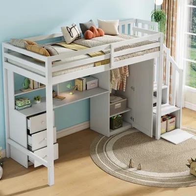 Image de Lit superposé pour enfant, 90x200 cm, avec bureau, armoire, escalier, tiroirs et espace de rangement, lit superposé multifonctionnel, blanc