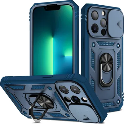 Produktbild von iPhone 14 Pro Hülle, Schiebe Kamera Schutz Robust Rüstung Stoßfest Schutzhülle mit Ringhalterung Ständer Kartenhalter für iPhone 14 Pro Blau