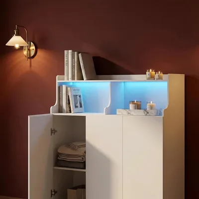 Produktbild von Badezimmerschrank, Badschrank mit Beleuchtung, 3 Türen | Beistellschrank, Küchenschrank mit Verstellbaren Ablagen, für Wohnzimmer, Badezimmer