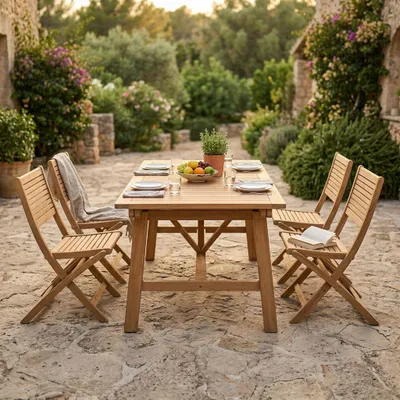 Immagine prodotto di Milani Home - Set tavolo e sedie da giardino per esterno in legno resistente di teak cm 160/240x90x77 h con 4 sedute - Marrone
