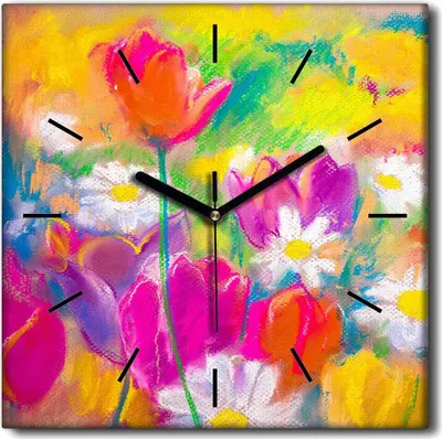 Produktbild von Coloray Uhr auf Leinwand 30x30 cm Wand Uhr Dekoration Wohnzimmer Segeltuch schwarze Hände -Blumen. Pastelle. Kunst