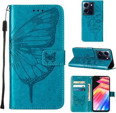Produktbild von Lederhülle für Infinix Note 30 5G Schmetterling Prägung Flip Ledertasche Kartenfächer Handyhülle mit Ständer Blau