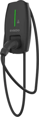 A black EVSEDO electric vehicle charging station mounted on a white background.