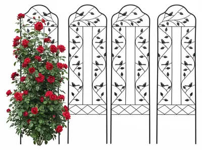 Image de Treillis Relaxdays, lot de 4, H x L : 115 x 32 cm, style vintage, métal, support pour plantes grimpantes, treillis pour rosiers de jardin, noir