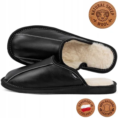 Productafbeelding van Heren slippers, leren, bekleed met schapenvacht, zwart, met de hand genaaid, maat 40