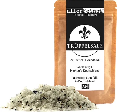 Obrázek produktu pro Prémiová lanýžová sůl s 5 % lanýžů | Gurmánské lanýžové koření Fleur de Sel | Pravý letní lanýž | Tuber aestivum - 50 g