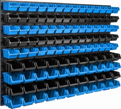 Produktbild von Lagersystem Wandregal 1152 x 780 mm | 114 stck. Box | Stapelboxen Schüttenregal Sichtlagerkästen | Extra Starke Wandplatten | Regal Erweiterbar | Werkstattregal Lagerregal Werkstattwandregal Steckrega