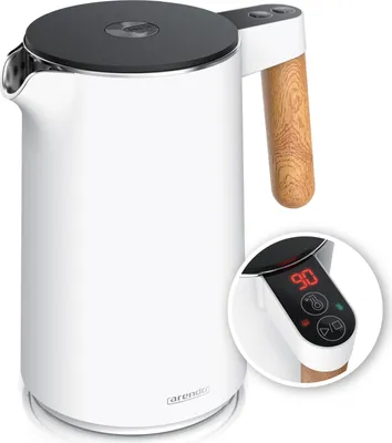 A white electric kettle with a wood-effect handle and a digital display showing the temperature.