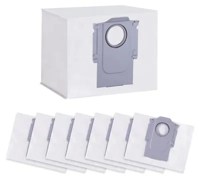 A product shot of vacuum cleaner dust bags, with one bag shown separately from a group of seven.