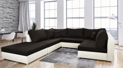 Produktbild von Wohnlandschaft Sofa ANDRO mit Schlaffunktion und Hocker Weiss-Schwarz