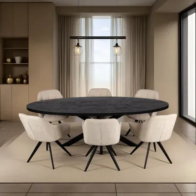 A dining room setting with an oval table and chairs.
