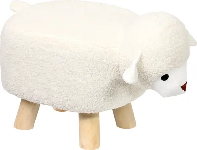 A white sheep-shaped stool with wooden legs, shown against a white background.