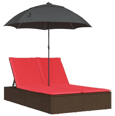 Produktbild von vidaXL Doppel-Sonnenliege mit Kissen & Sonnenschirm Braun Poly Rattan