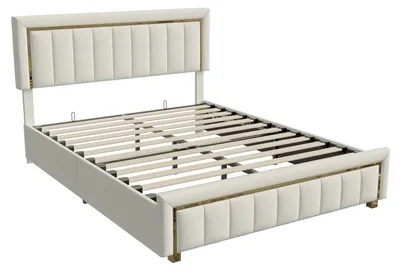 Produktbild von Polsterbett mit Stauraum - Doppelbett 160×200 cm - Samtbezug - Hydraulischer Bettkasten - Holzrahmen - Skandinavisches Design - Mit Kopfteil - Cremeweiß