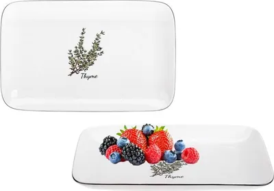 Produktbild von Rechteckige Porzellanplatte PROVENCE THYME 25 cm milchig-weiß, farbenfroher Druck mit Thymianzweig, schwarzer Rand, New Bone Porzellan