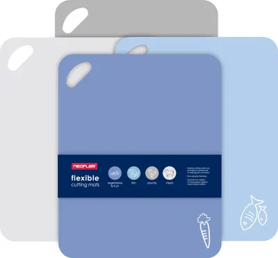 Multiple flexible cutting mats are layered on top of each other, with the front mat displaying product information.