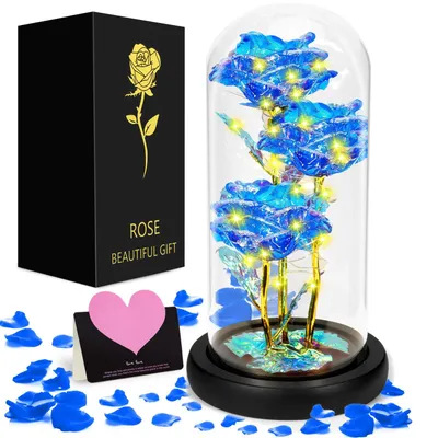 Ewige Rose im Glas mit LED-Beleuchtung, 3 blaue Rosen, 22,7 cm