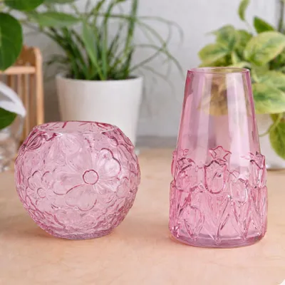 Produktbild von Blumenvasen Set, Glas in Rosa mit Blumen-Muster