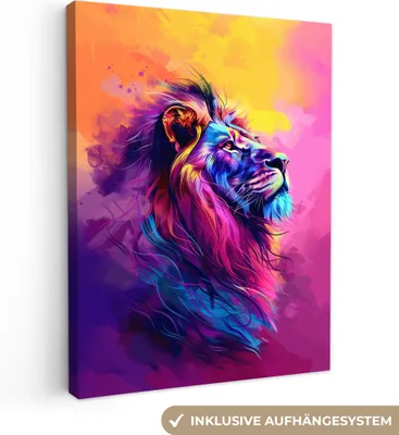 Produktbild von MuchoWow® - Leinwandbilder - Löwe - Farbe - Farben - Tier, Wandbild, Wanddeko Bilder Wohnzimmer, 90x120 cm