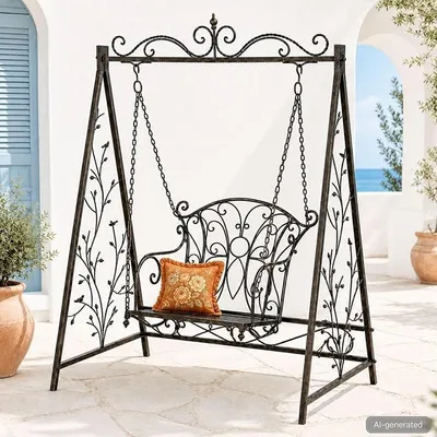 Imagen del producto de Silecomplaza, hamaca de jardín de metal estilo antiguo, modelo 18811+1868. Silla colgante con estructura de hierro forjado, ideal para jardín