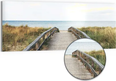 Produktbild von DEQORI Hybrid Leinwand Bild 150x60 cm 'Steg ins Blaue' Wandbild Glas flach modern