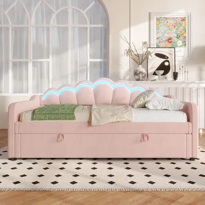 Zdjęcie produktu dla Nowoczesna aksamitna sofa dzienna z oświetleniem LED i schowkiem hydraulicznym, różowa, 90x200 cm