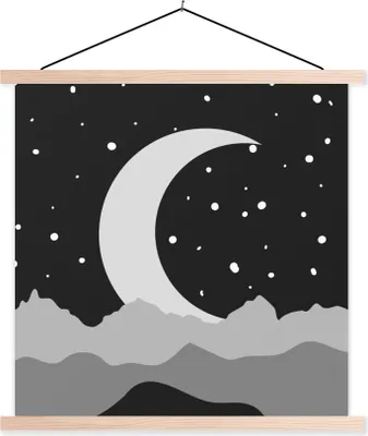 Produktbild von MuchoWow® Textilposter Nacht - Mond - Schwarz - Weiß 60x60 cm mit holzfarbenen Rahmen - Wanddekoration