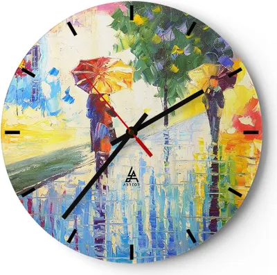 Produktbild von Wanduhr - Rund - Glasuhr - Park Straße Regen - 40x40cm - Schleichendes Uhrwerk - Lautlos - zum Aufhängen bereit - Dekoration Modern - Wanddekoration aus Glas - C3AR40x40-3508